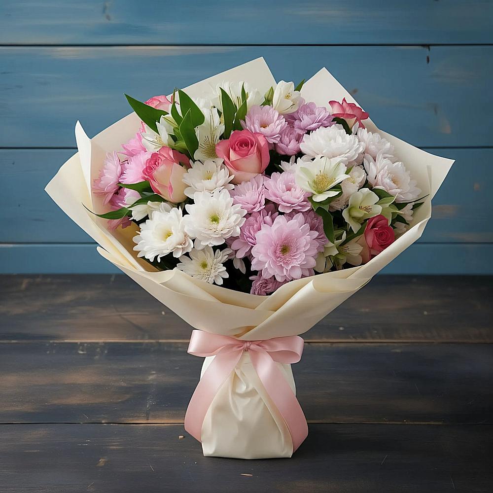 Букет цветов из: Хризантемы, Альстромерии и Розы в Спасском Ставропольской области